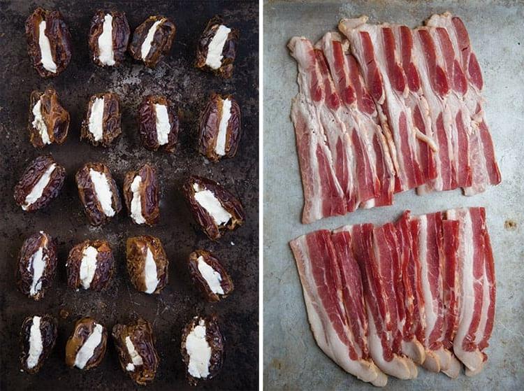 Datteri Avvolti nel Bacon Grigliati con Miele Affumicato 3 Un piatto di bacon e datteri farciti pronti per essere preparati e avvolti nel bacon.