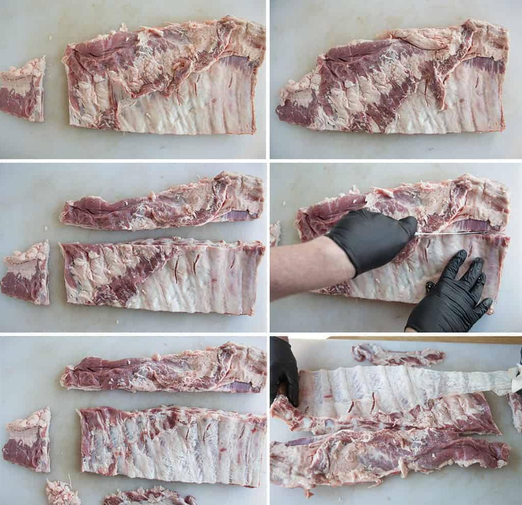 Costine di Maiale Affumicate con Salsa all'Aceto Piccante da Spennellare 3 Processo passo-passo su come rifilare le costine di maiale in stile St. Louis