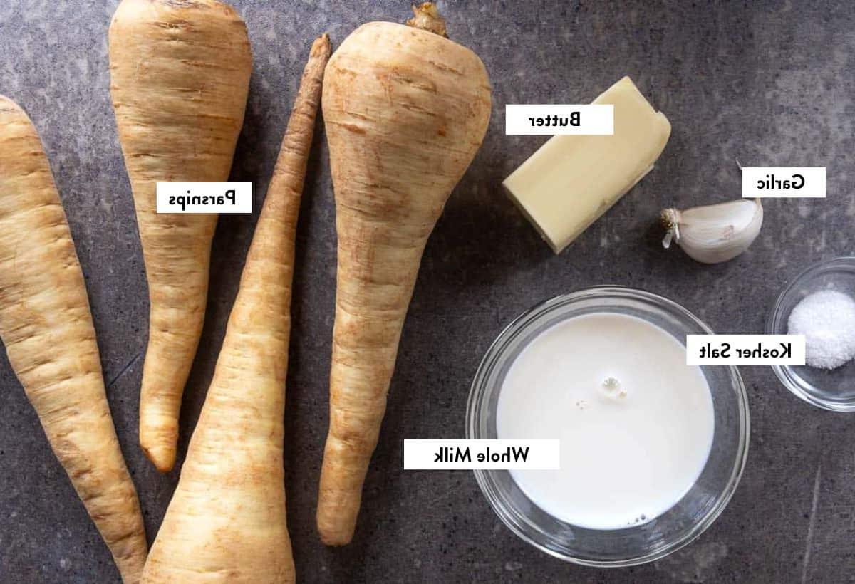 Purè di Pastinaca Facile – Cremoso e Ricco 3 Foto degli ingredienti per il purè di pastinaca con i cinque ingredienti chiave.