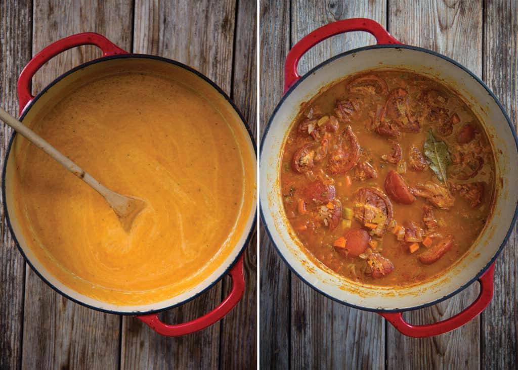 Vellutata di Pomodoro Affumicato 4 Prima e dopo la frullatura della bisque di pomodoro affumicato.