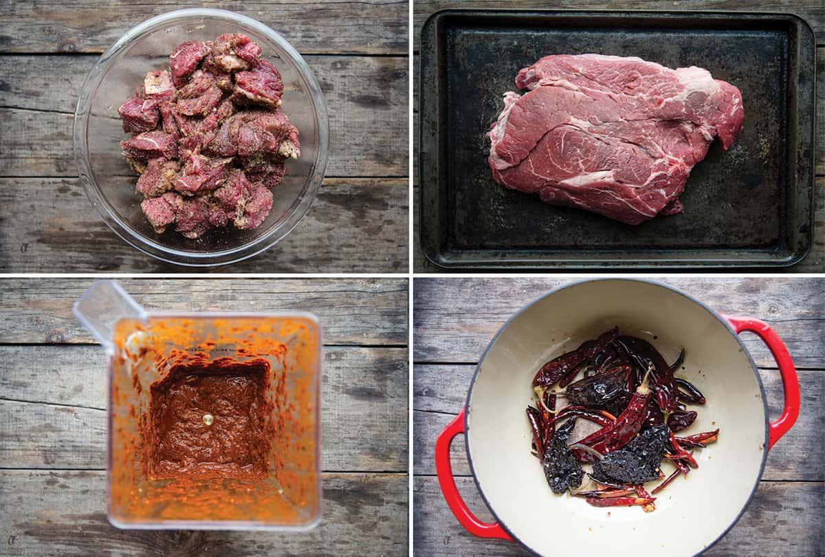 Autentica Ricetta del Chili Texano – (Senza Fagioli) 5 Un collage di quattro foto su come preparare il chili texano