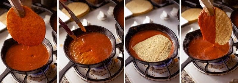 Enchiladas di Maiale Sfilacciato Affumicato 5 Come preparare le enchiladas di maiale sfilacciato affumicato, mostrando il processo di ammorbidimento delle tortillas
