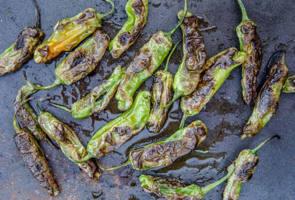Peperoni Shishito Grigliati con Salsa di Yogurt al Limone per Intingere 5 Peperoni Shishito che sono stati scottati sulla griglia.