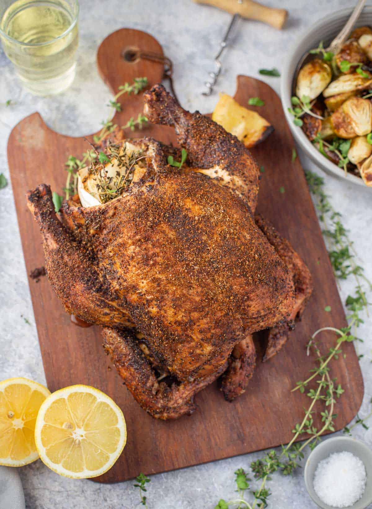 Le Migliori 15 Ricette di Pollo Affumicato 2 Pollo Intero Affumicato su un tagliere, pronto per essere porzionato.