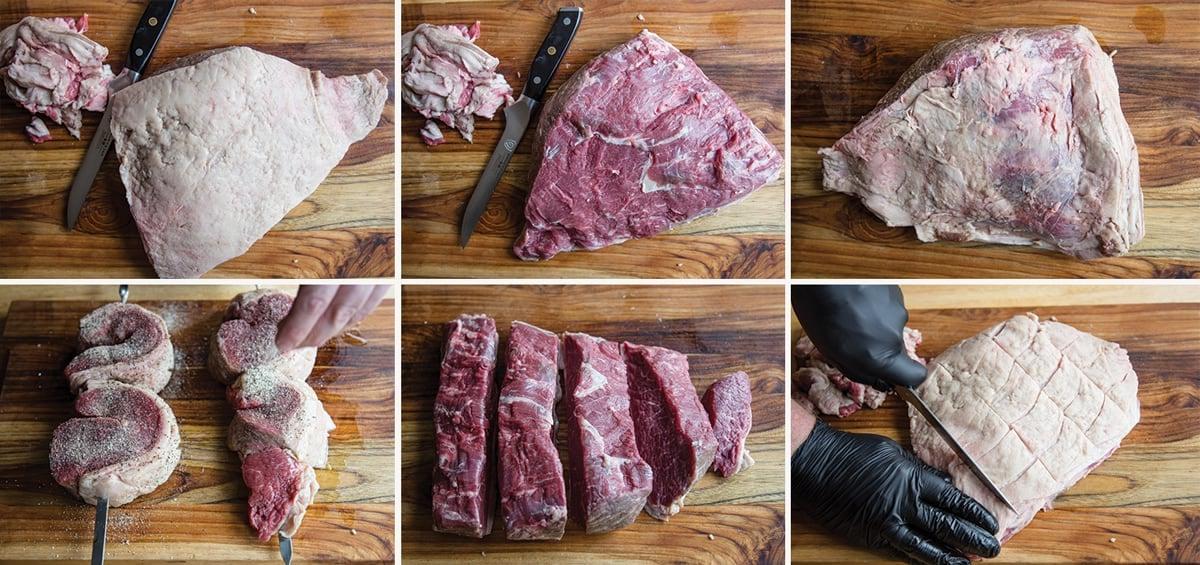 Una galleria di foto che mostra come rifilare, incidere, tagliare e infilzare la bistecca di picanha.