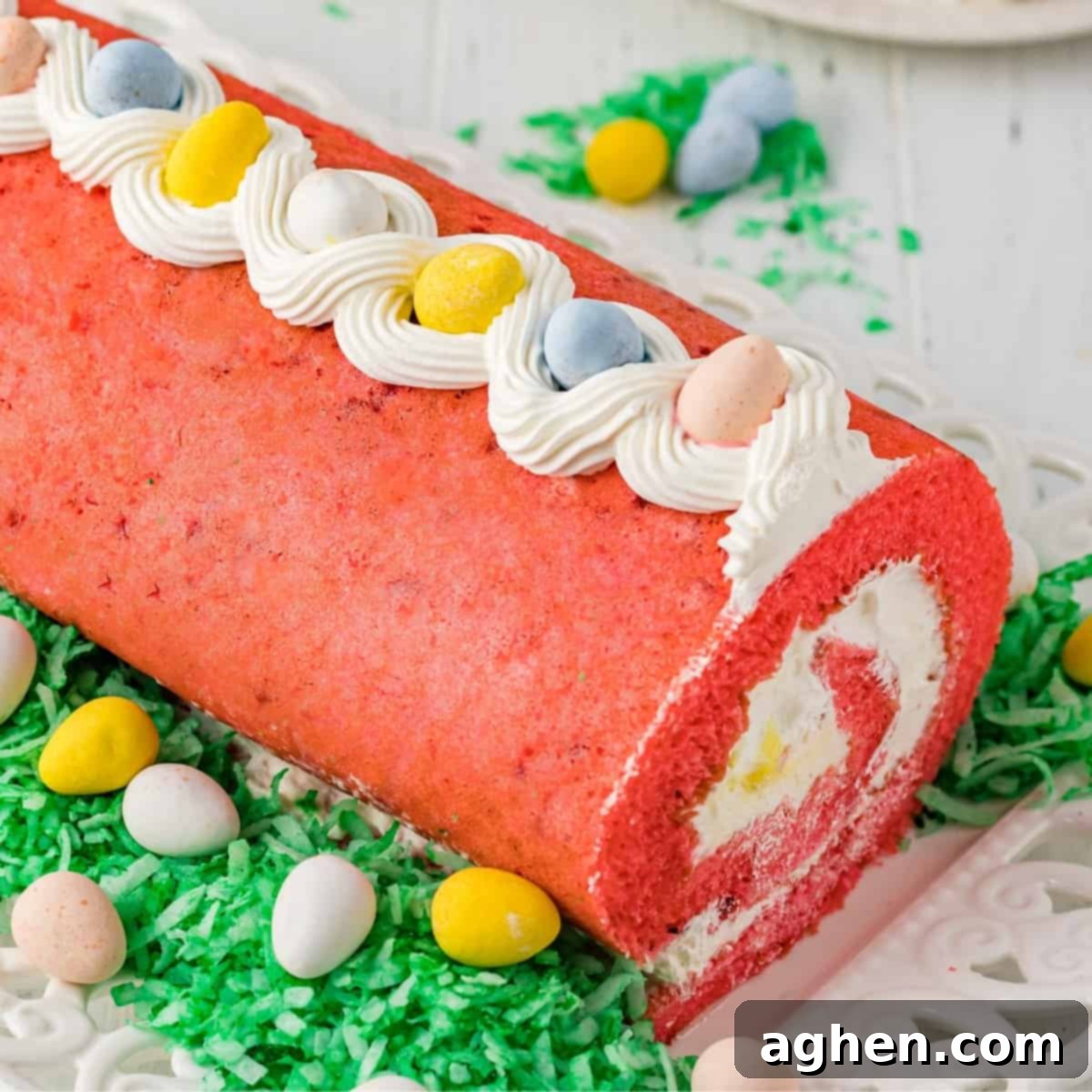Easter cake roll with whipped cream filling and mini eggs.