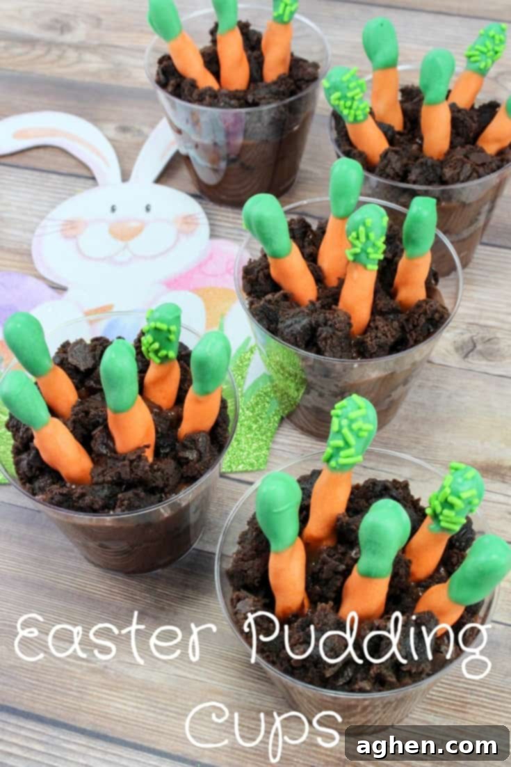Dirt cups with pretzels decorated as carrots sticking out of the top.