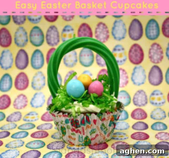 Easter Basket Cupcakes made with candy eggs and a green twizzler handle.