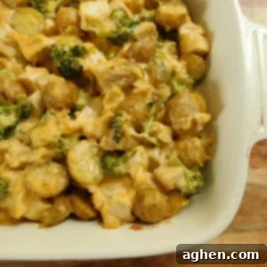 A top-down view of a golden-brown cheesy chicken and broccoli casserole in a white baking dish.