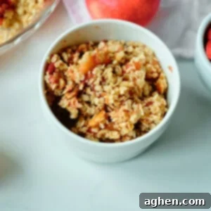 Sweet and Tangy Apple Cranberry Crisp 2 A dish of Apple Cranberry Crisp with a golden topping.