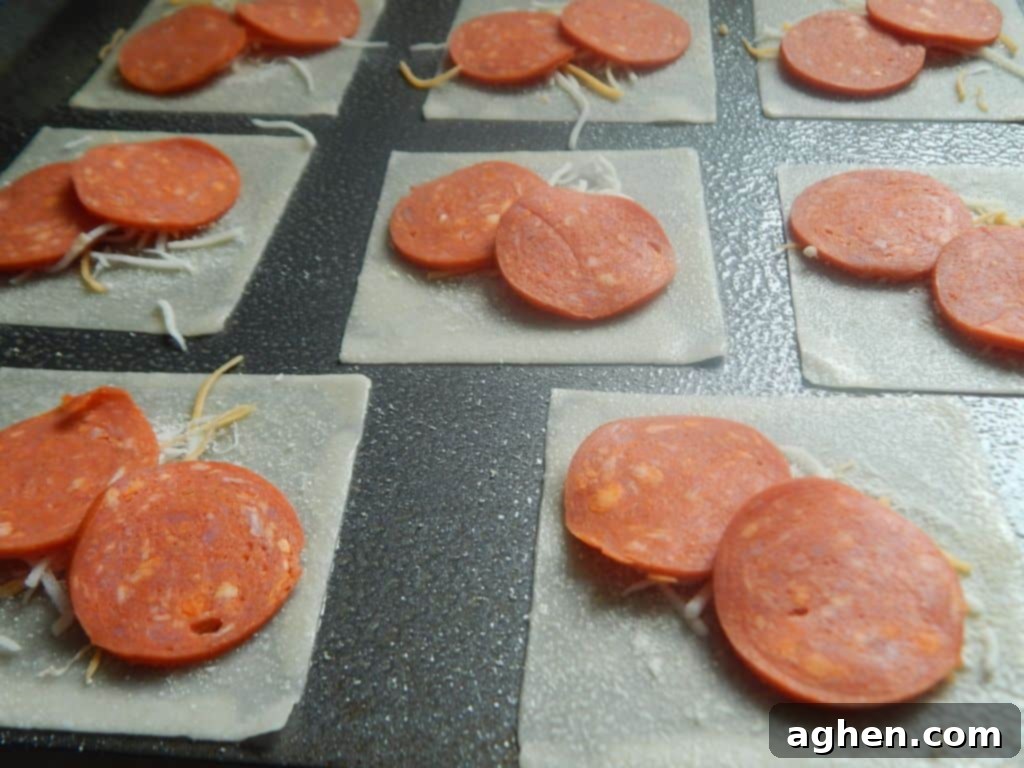 Close-up of Wonton Pizza Crisps ingredients, including cheese and pepperoni