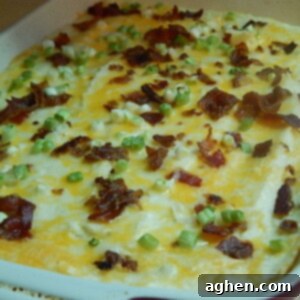 Fully Loaded Mashed Potato Casserole 2 Close-up of the golden-brown top of a loaded mashed potato casserole in a red baking dish