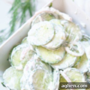Velvety Creamy Cucumber Delight 2 Full bowl of creamy cucumber salad, with a sprig of fresh dill as garnish.