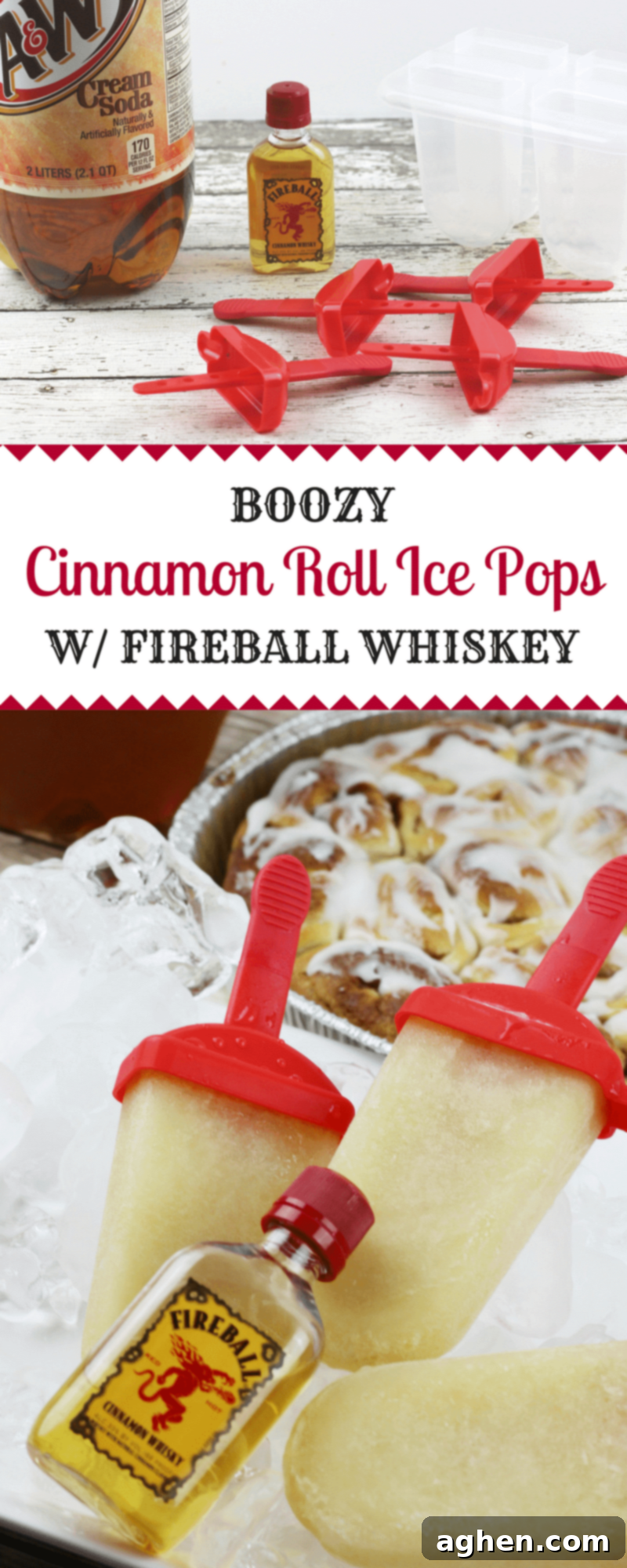 Fireball Cinnamon Roll Booze Pops 7 Inspired by the Cinnamon Roll Cocktail, these delicious Fireball Whiskey cinnamon roll ice pops are made with just 2 ingredients: cream soda and Fireball whiskey. It doesn't get much simpler than that.