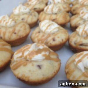 Peanut Butter Bliss Bites 2 Close-up of a single mini peanut butter cupcake with white frosting and peanut butter drizzle.