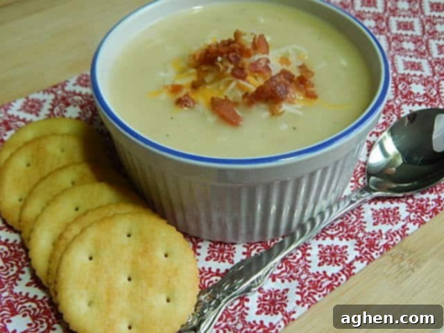 A bowl of creamy potato and cheese soup garnished with fresh herbs and a spoon.