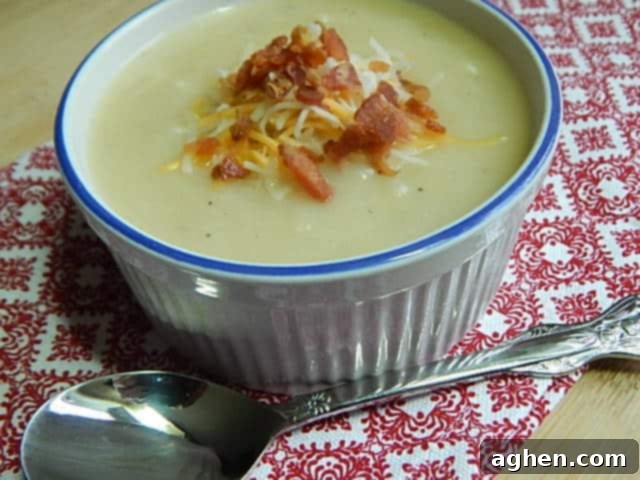 Close up of a spoonful of creamy potato and cheese soup, showing its rich texture.