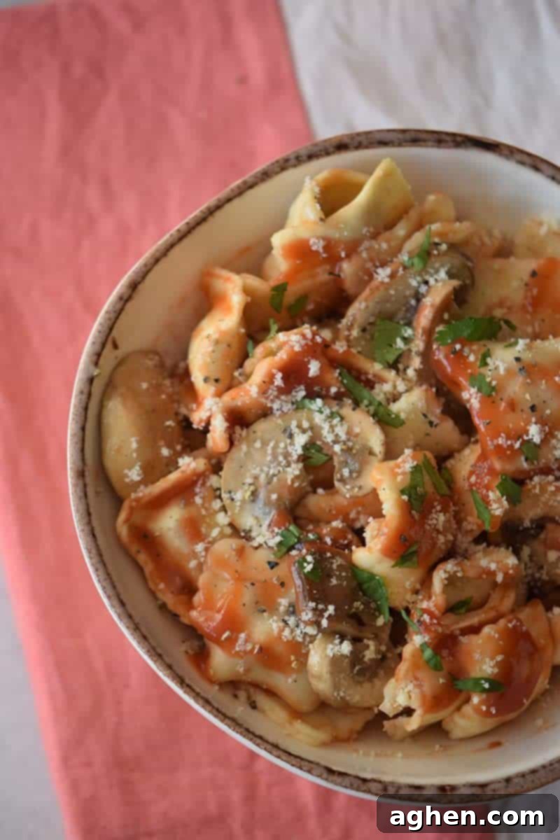 Savory Mushroom Ragu 2 Ravioli with mushroom bolognese, garnished with fresh basil.