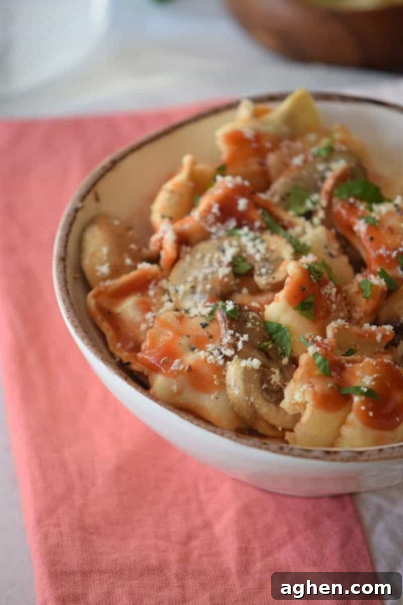 Savory Mushroom Ragu 3 Bowl of ravioli with mushroom sauce ready to be served.