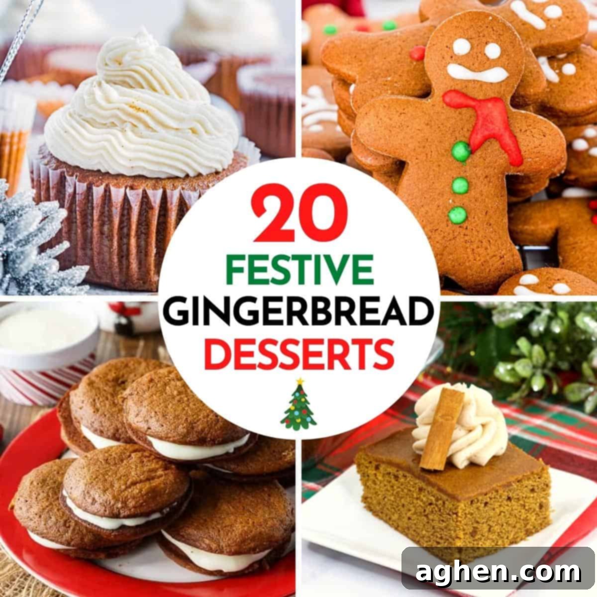 20 Festive Gingerbread Desserts collage of gingerbread cupcakes, gingerbread men, gingerbread whoopie pies, and gingerbread cake.