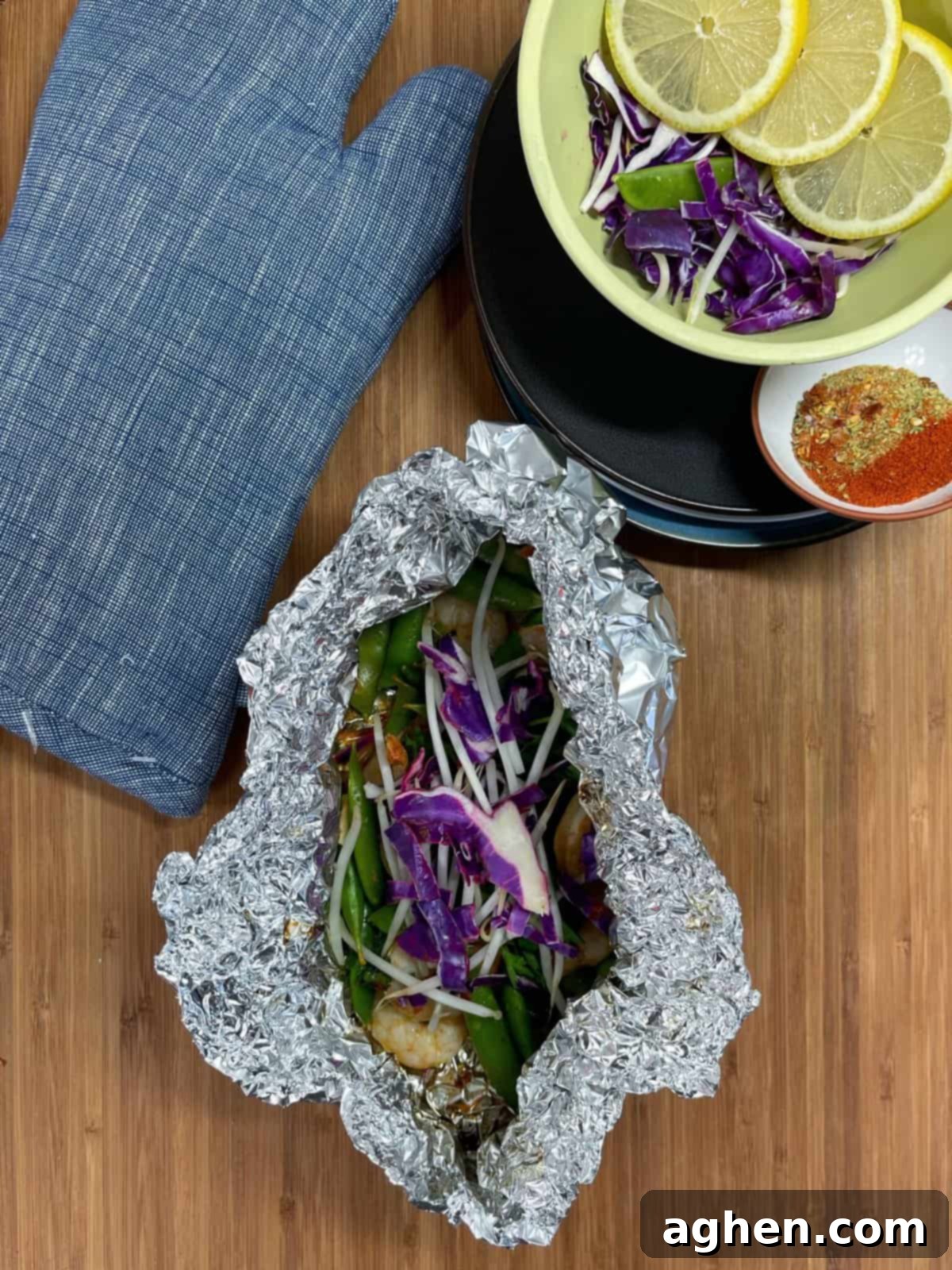weight watchers cooked snap pea and cabbage shrimp foil pack