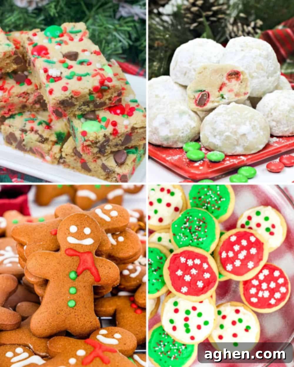 Variety of Christmas cookies: Christmas cookie bars, snowball cookies, gingerbread men, and frosted pudding sugar cookies.