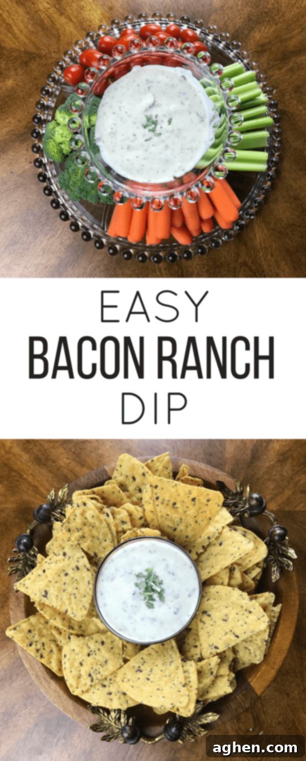 A beautifully composed flat lay image showcasing the Easy Bacon Ranch Dip in a bowl, surrounded by an array of crunchy chips, fresh vegetables, and crackers, emphasizing its appeal as the perfect easy party appetizer.