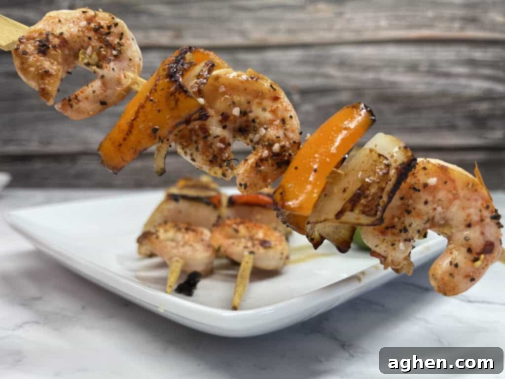 grilled shrimp skewer close up