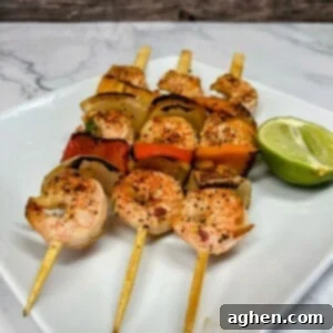 grilled shrimp and veggies on skewers