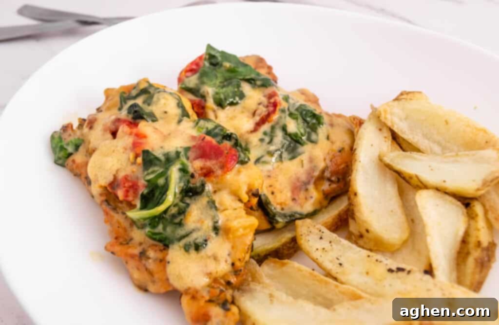 baked tuscan chicken and potatoes served on a plate