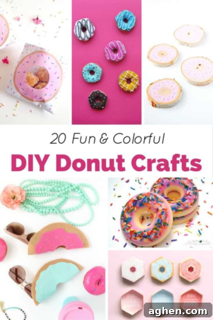 A vibrant collage featuring 20 different fun and colorful DIY donut crafts, including bath bombs, shoes, and decor items, perfect for anyone who loves donuts and crafting.