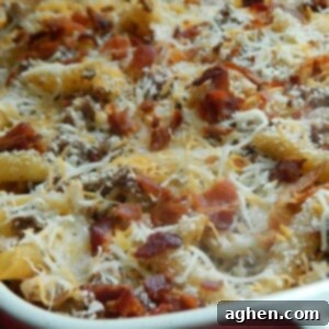 Ultimate Bacon Cheeseburger Pasta Bake 2 A top-down view of a delicious Bacon Cheeseburger Pasta Bake in a baking dish