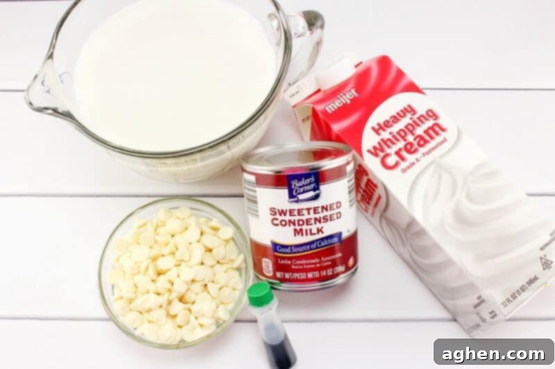 St. Patrick's Day Frozen Hot Chocolate Ingredients: milk, heavy whipping cream, sweetened condensed milk, white chocolate chips, and green food coloring.