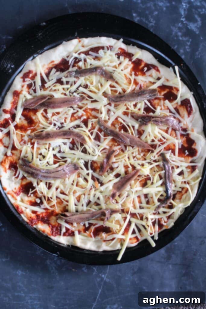 Unbaked Anchovy Pizza with cheese, anchovies, and cream cheese dollops.