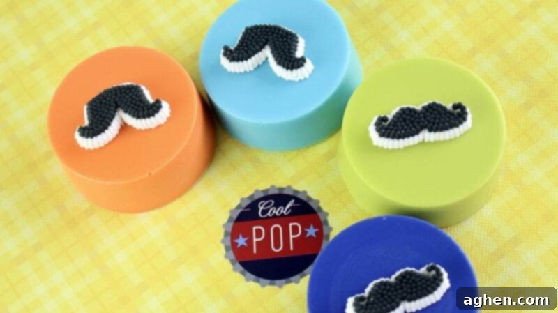 Assorted colors of Chocolate Covered Oreos topped with candy mustaches.
