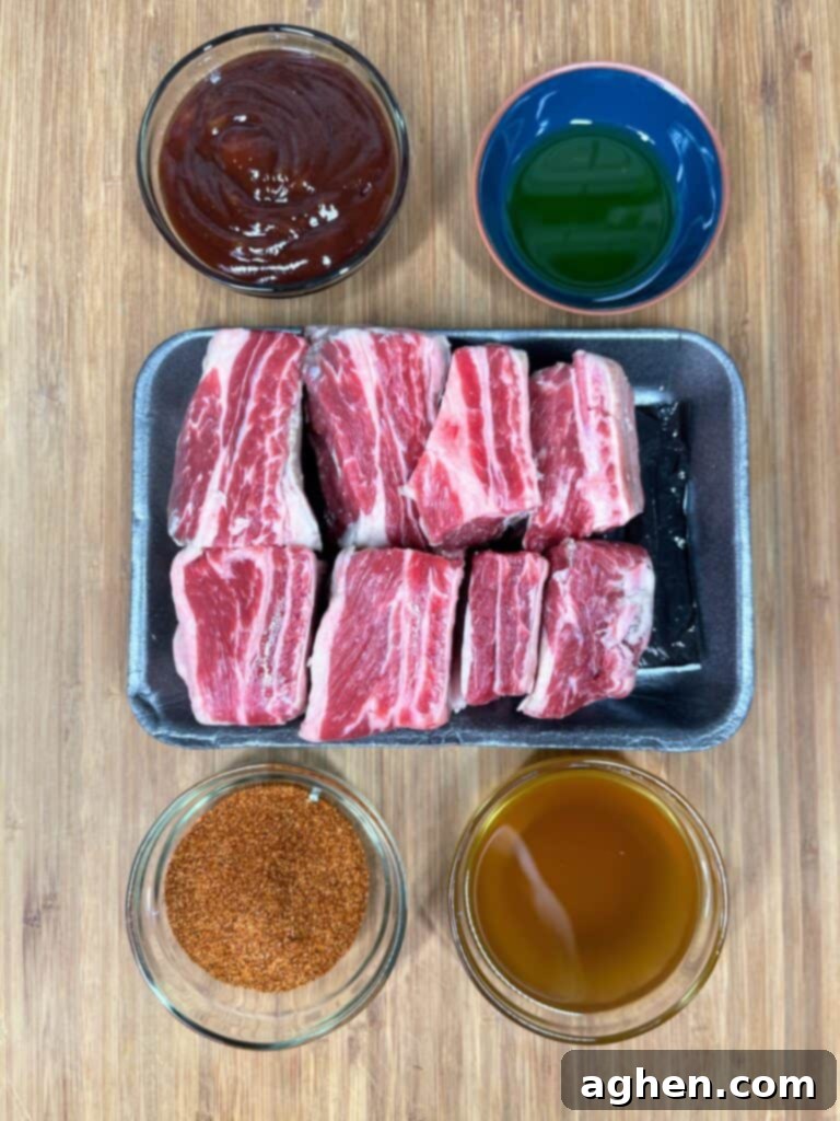 Raw bone-in beef short ribs seasoned with BBQ spice rub and olive oil ready for searing