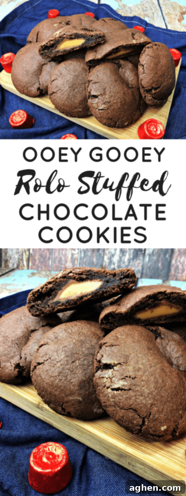 Pinterest image for Ooey Gooey Rolo Stuffed Chocolate Cookies, showing several cookies with one cut in half.