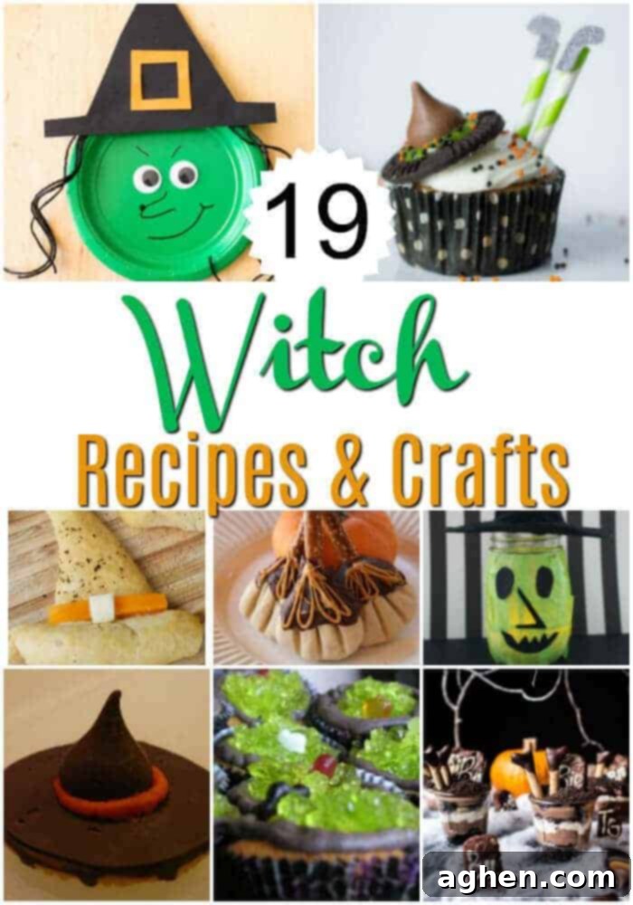 Your 19 Spellbinding Witch Halloween Recipes and Crafts 2 A vibrant collage image showcasing various witch Halloween recipes and crafts, including witch hat cupcakes, broomstick snacks, and creative witch decorations. Perfect for Halloween party inspiration.