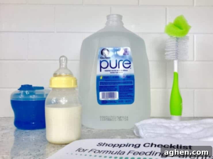 Formula dispenser, baby bottle with formula, nursery water, bottle brush, burp cloth, shopping list for formula feeding parents.