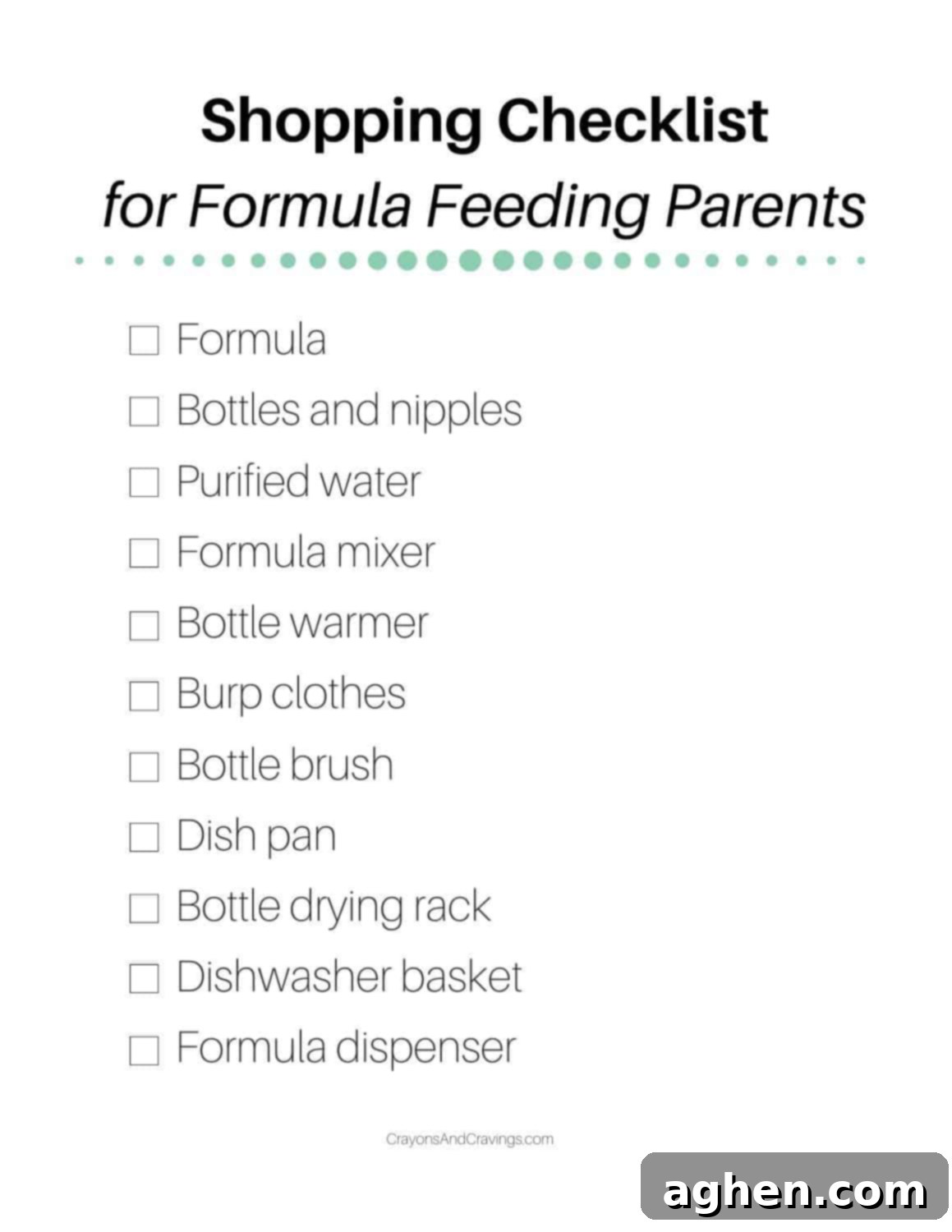Shopping list for formula feeding parents printable.