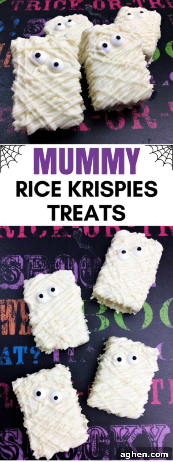 Large image of a completed Mummy Rice Krispie Treat, perfect for sharing on social media like Pinterest.