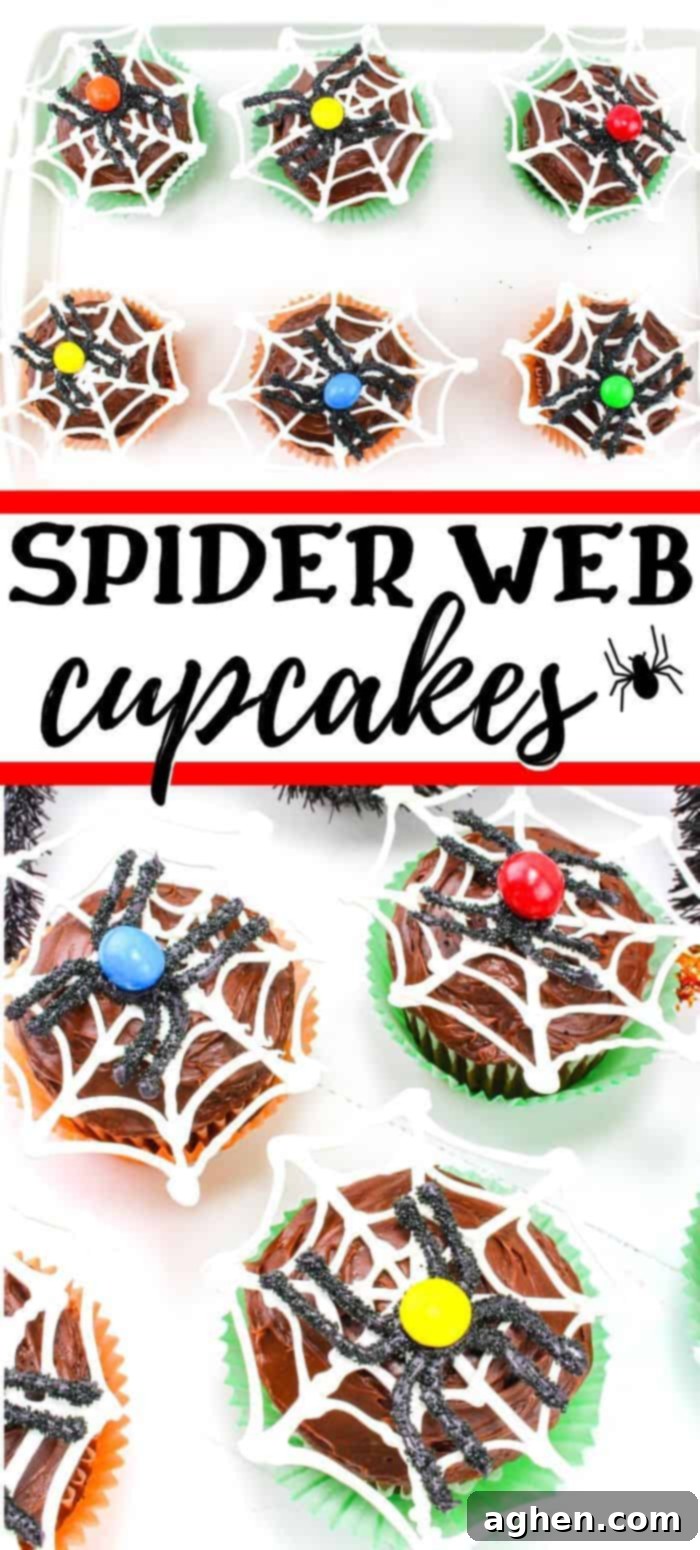 Close-up of a festive spider web cupcake, perfect for Halloween dessert tables and parties.