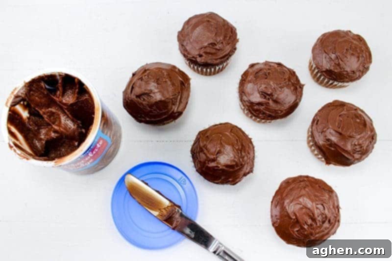 Seven chocolate cupcakes frosted with chocolate frosting, ready for spider web decoration.