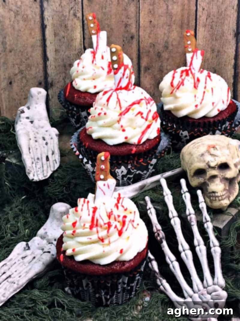 Bloody red velvet cupcakes surrounded by spooky Halloween decorations like plastic spiders and webs.