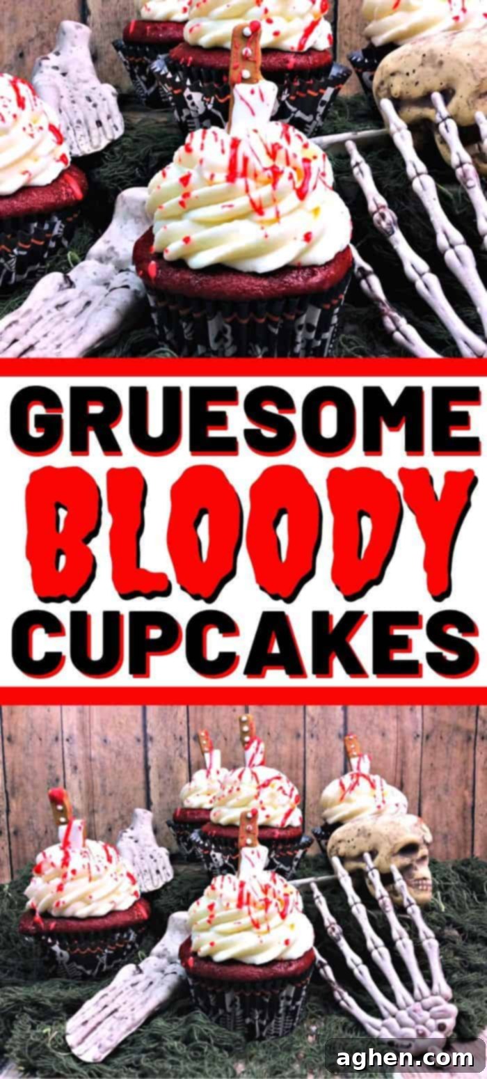 A top-down shot of gruesome bloody cupcakes with knife decorations, perfect for Halloween, zombie, or Walking Dead parties. Surrounded by spooky decor.