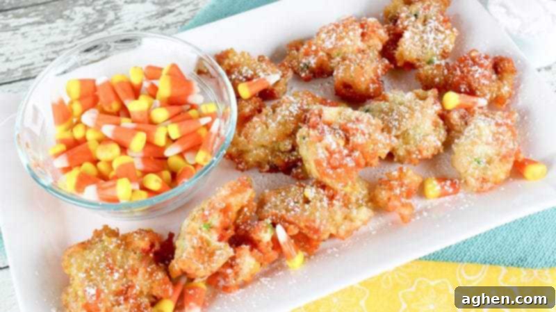 Funfetti Fried Candy Corn Bites 6 Deep fried candy corn fritters next to bowl of candy corn.
