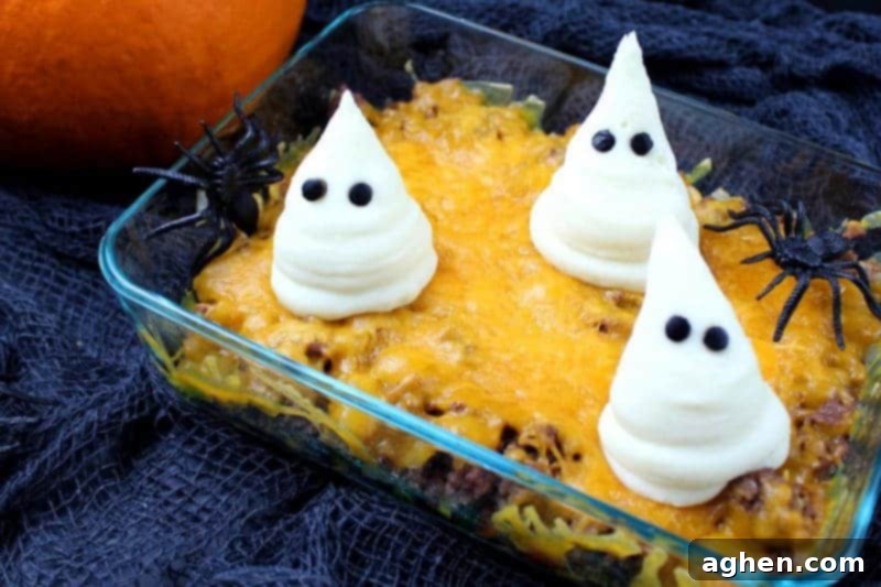Halloween Shepherd's Pie ingredients: ground beef, instant mashed potatoes, mixed vegetables, shredded cheddar, onion, gravy packet, and black olives.