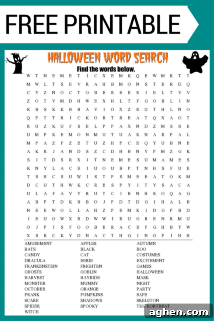 Halloween Word Search free printable worksheet with 30+ Halloween themed words including bats, apples, autumn, costume, spooky, and more, perfect for an engaging Halloween activity.