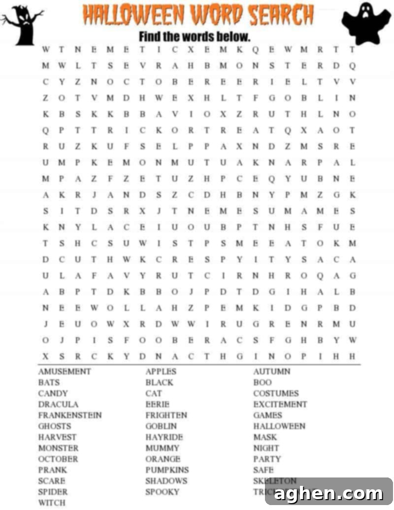 Free Halloween Word Search printable worksheet with 30+ Halloween themed vocabulary words, perfect for an educational and fun holiday activity.