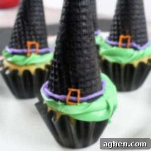 Spooky Witch Hat Cupcakes 12 Witch hat cupcakes with upside-down ice cream cones.